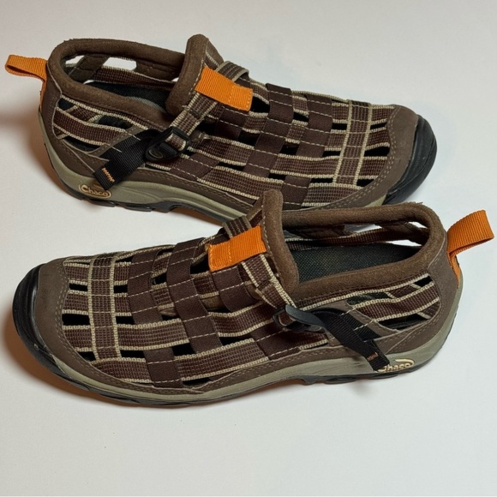 Chaco Paradox Multi-Brown Woven Sandals with Orange Accents 5.5
